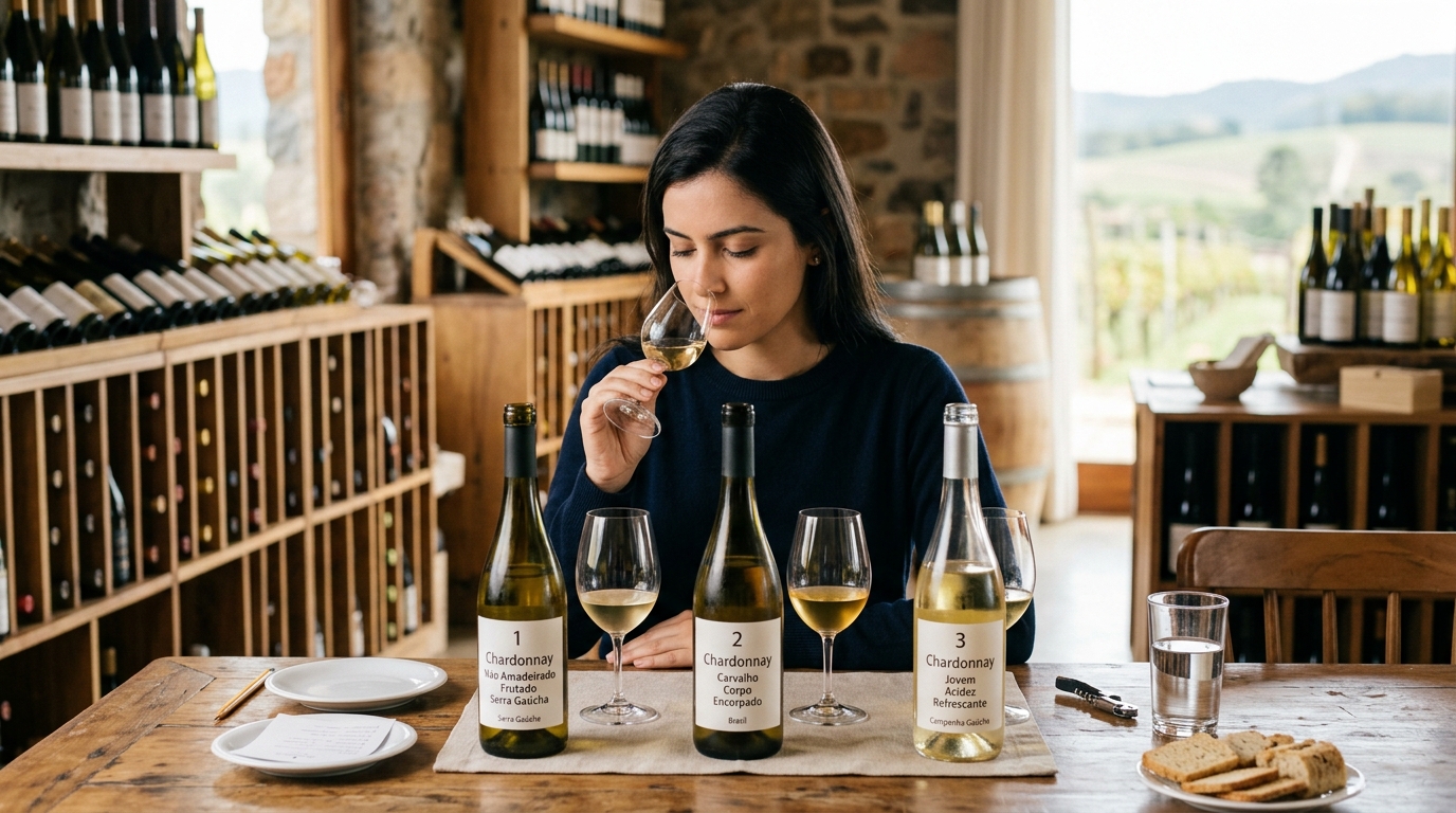 Ilustração: Desvendando os Estilos de Chardonnay Brasileiro: Com e Sem Madeira - Chardonnay Brasileiro para Iniciantes: O Guia Definitivo da Uva Branca no Brasil em 2026