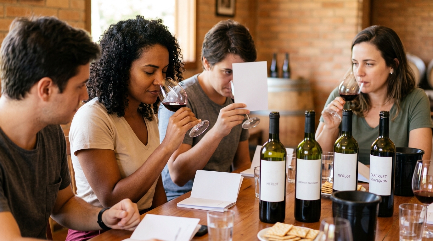 Ilustração: Os Sentidos na Degustação: Além do Paladar no Vinho Brasileiro - Como Descrever o Sabor do Vinho Brasileiro em 2026: Guia Completo para Iniciantes