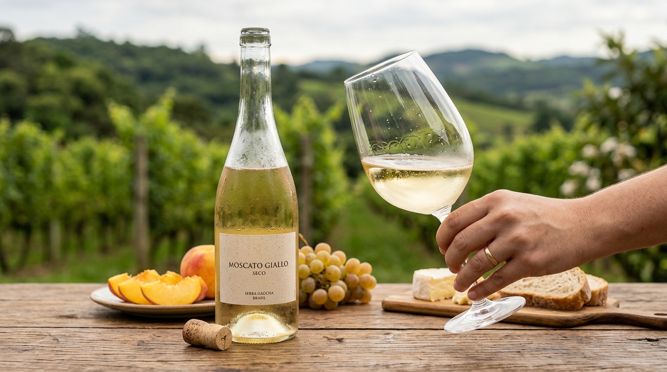 Ilustração: O Que é o Moscato Giallo Seco e Como Ele Se Destaca no Brasil? - Moscato Giallo Seco Brasileiro para Iniciantes em 2026: Frescor e Versatilidade Além dos Espumantes