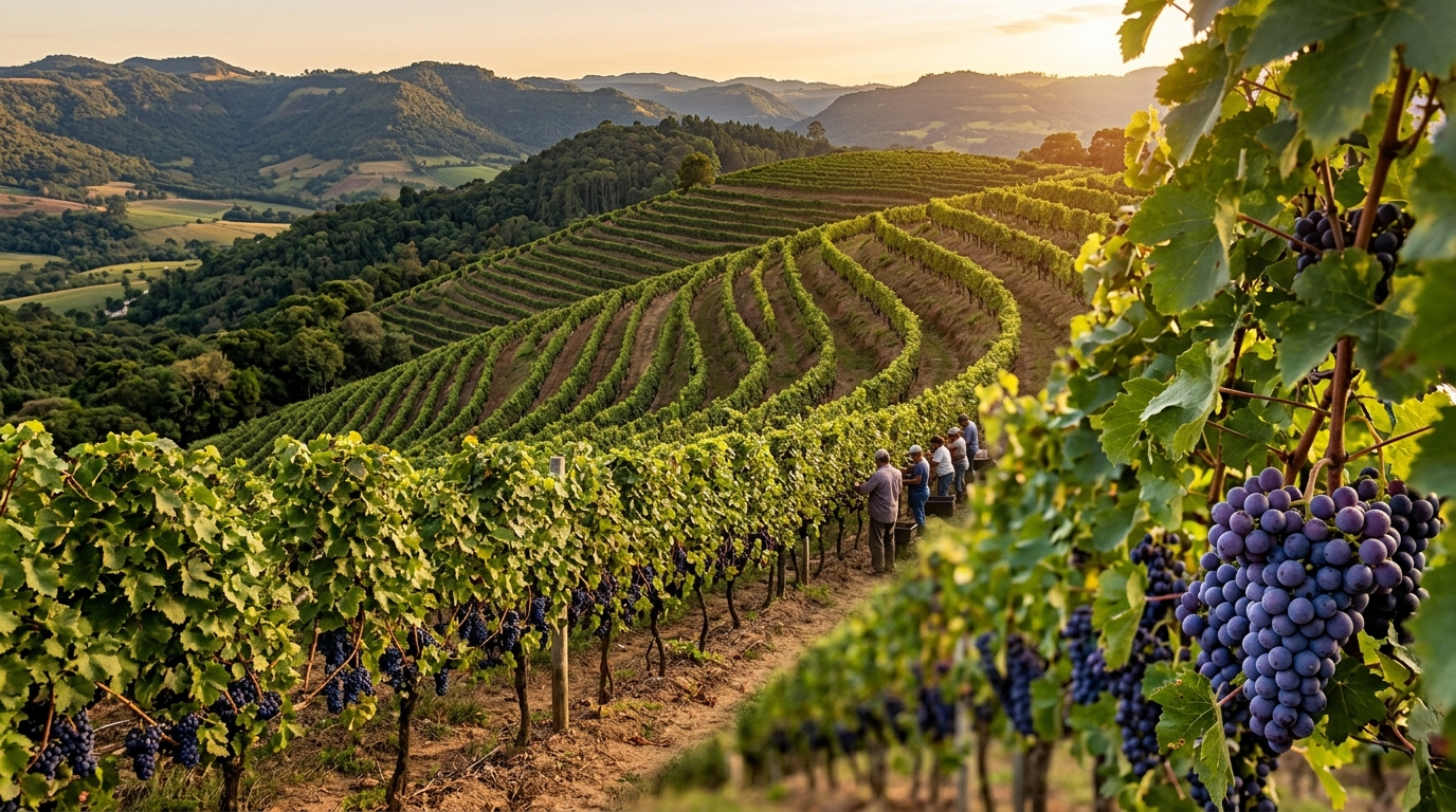Ilustração: As Uvas Dominantes da Serra Gaúcha e Seus Perfis de Sabor em 2026 - Serra Gaúcha para Iniciantes: Guia Completo dos Vinhos Brasileiros Mais Famosos em 2026