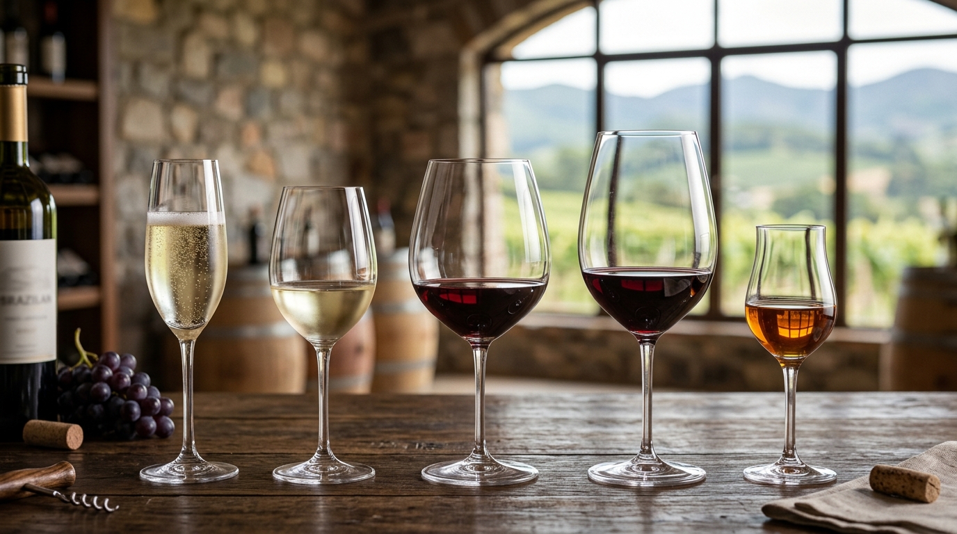 Ilustração: Tipos de Taças de Vinho Essenciais para o Consumidor Iniciante em 2026 - Taças de Vinho Brasileiros em 2026: Guia Essencial para Iniciantes