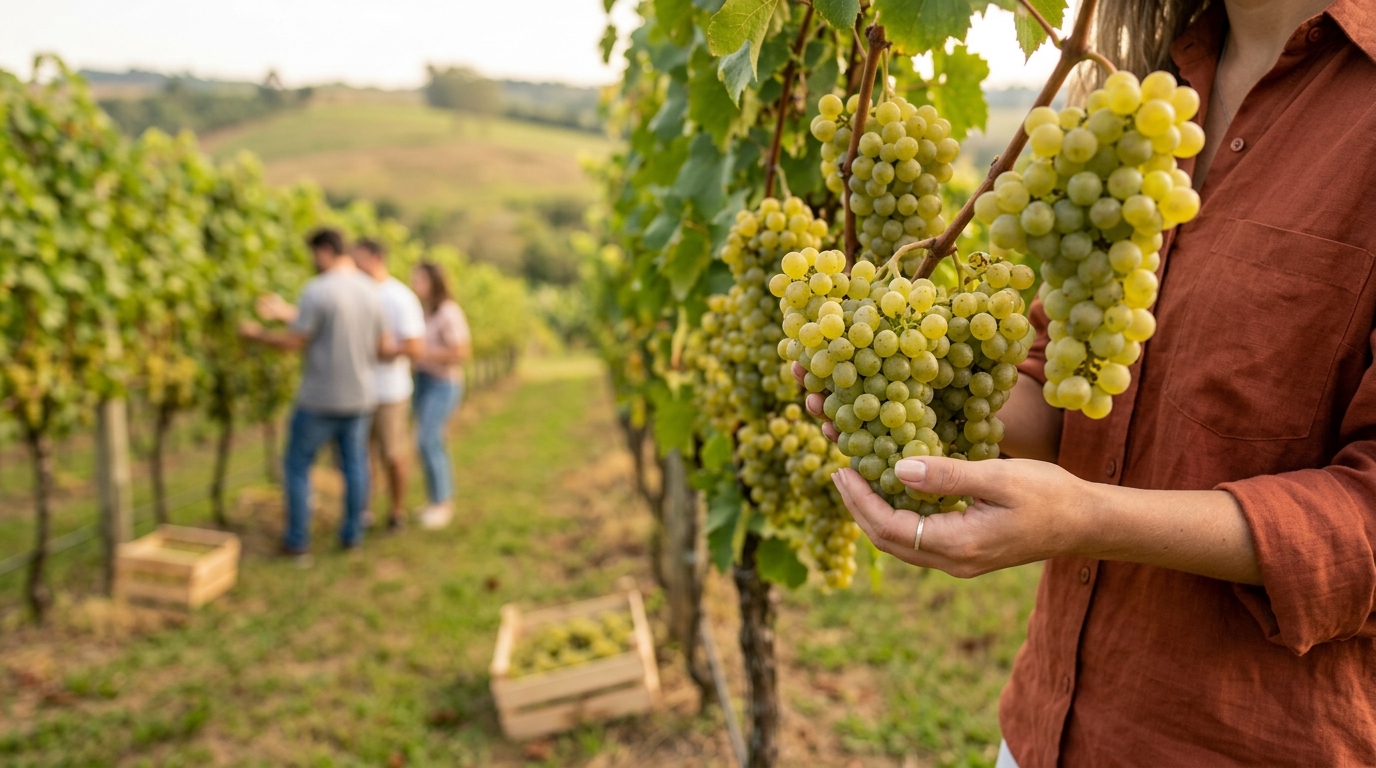 Ilustração: As Uvas Brancas Nacionais Ideais para o Paladar Iniciante - Vinhos Brancos Brasileiros para Iniciantes: Guia Completo de Escolha e Harmonização em 2026