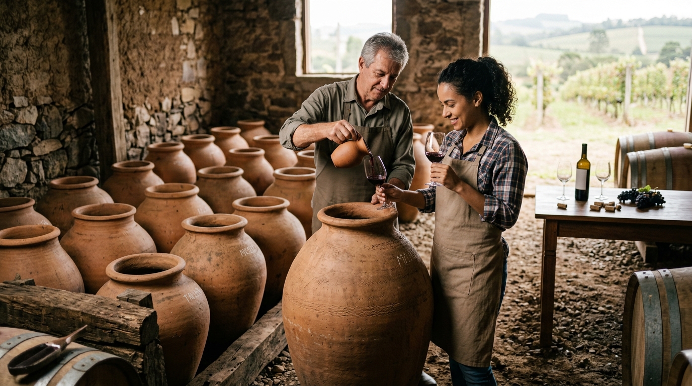 Ilustração: O Que São Vinhos em Ânforas e Por Que Eles Conquistam o Brasil em 2026? - Vinhos Brasileiros em Ânforas 2026: O Guia Completo para Iniciantes na Arte Milenar da Vinificação Natural