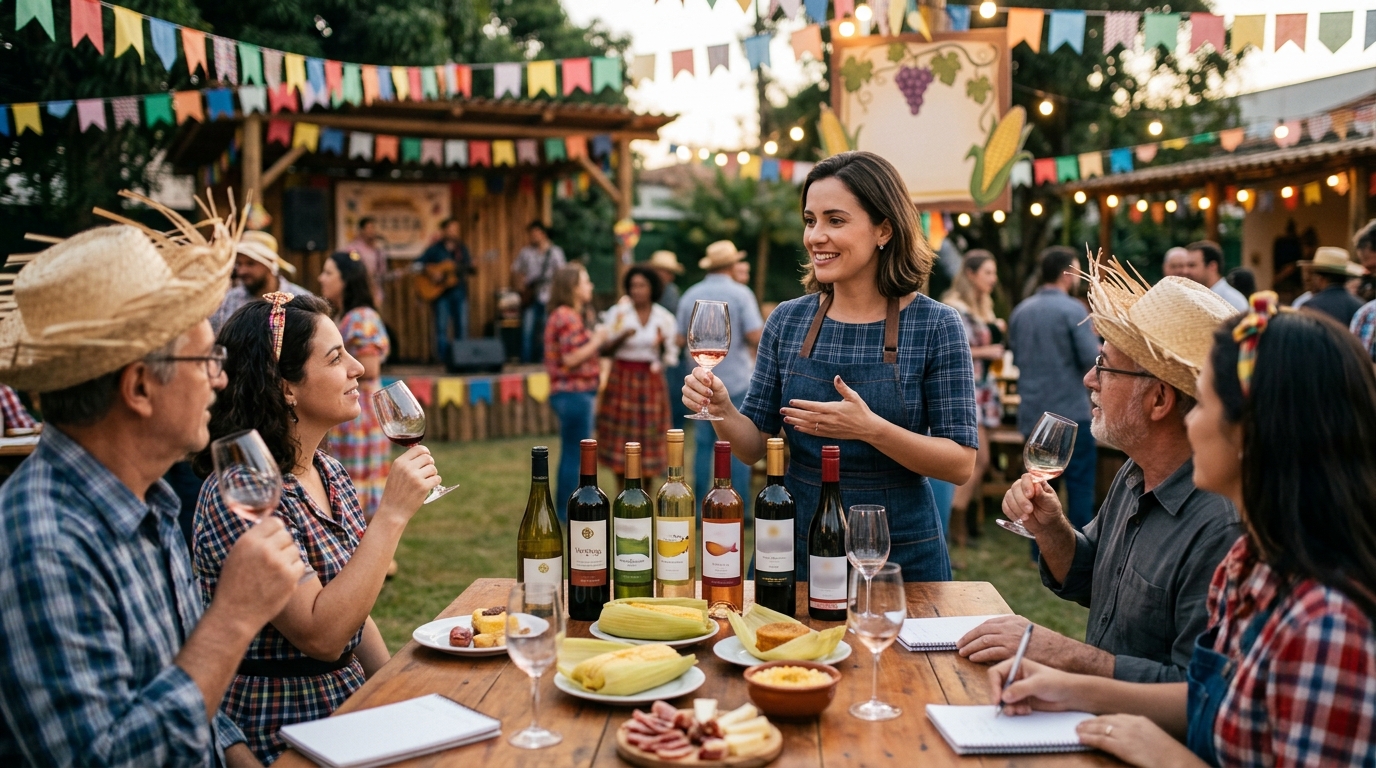 Ilustração: A Festa Junina 2026 e a Ascensão dos Vinhos Brasileiros - Vinhos Brasileiros para Festas Juninas 2026: Guia Completo de Harmonização e Rótulos para seu Arraial