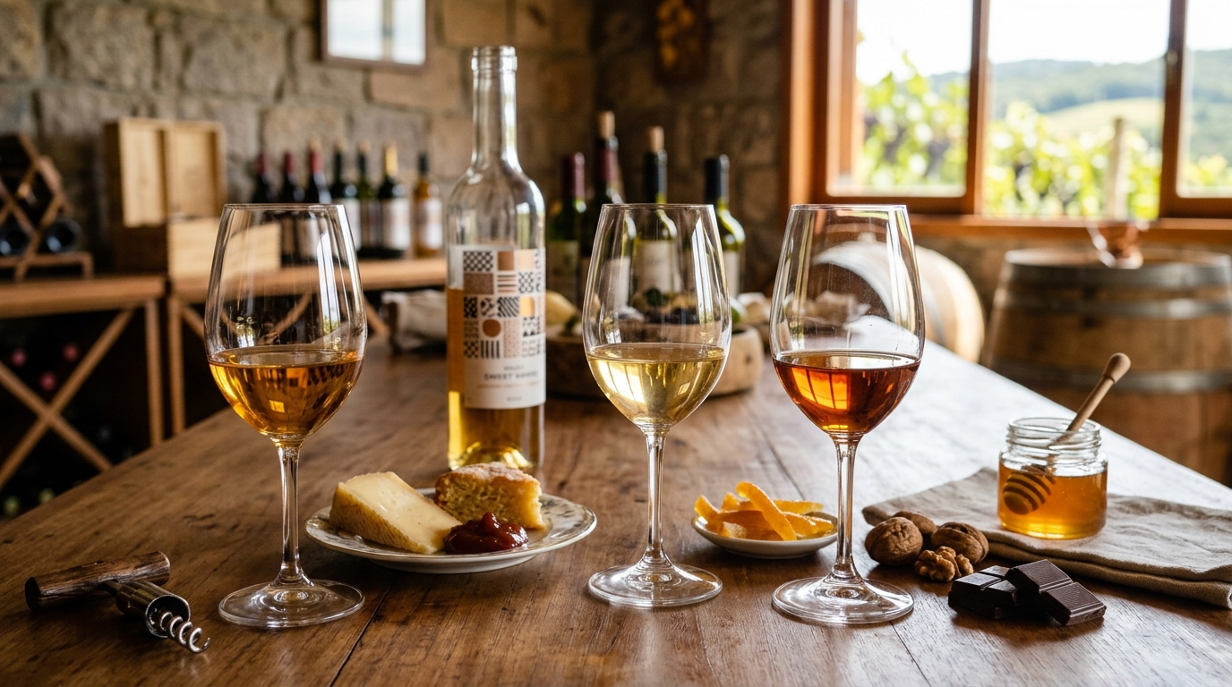 Ilustração: O Que São Vinhos Doces e Por Que Explorar os Rótulos Nacionais em 2026? - Vinhos Doces Brasileiros 2026: Guia Completo para Iniciantes (Colheita Tardia, Moscatel e Mais)
