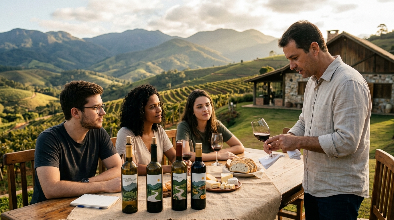 Ilustração: Serra da Mantiqueira (SP/MG): A Inovação dos Vinhos de Inverno Brasileiros - Vinhos de Terroirs Inusitados do Brasil em 2026: Novas Joias Nacionais para Iniciantes