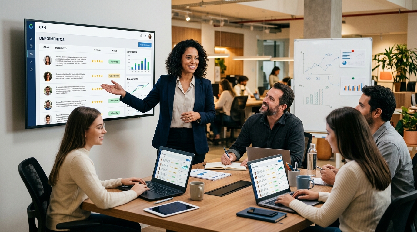 Ilustração: Gerenciando e Alavancando Depoimentos para Suas Campanhas de Marketing - Como Automatizar a Coleta de Depoimentos e Avaliações de Clientes no Kommo CRM para Impulsionar seu Marketing