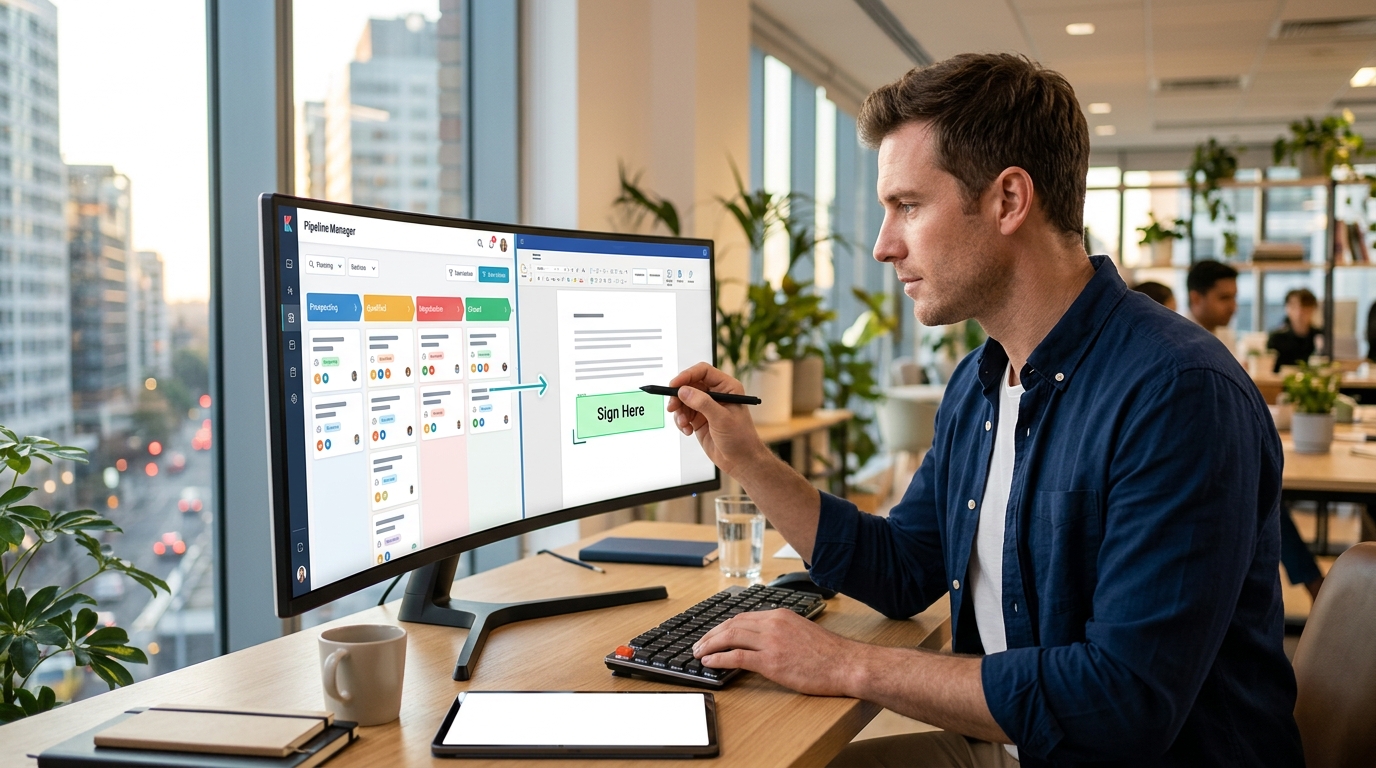 Ilustração: Por Que Integrar Kommo CRM e DocuSign? - Como Integrar Kommo CRM com DocuSign: Automatize Contratos e Acelere Suas Vendas