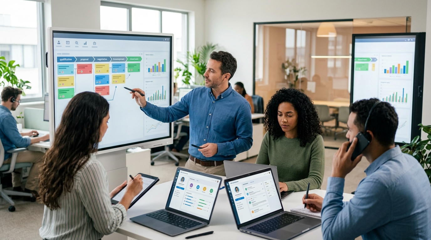 Ilustração: Funcionalidades Estratégicas do Kommo para o Dia a Dia da Agência - Como Usar Kommo CRM para Agências de Marketing Digital: Guia Prático de Automação e Vendas