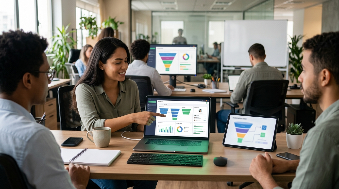 Ilustração: Automação de Marketing e Vendas: Eficiência que Converte - Kommo CRM: Otimize Suas Campanhas de Volta às Aulas para Escolas e Cursos