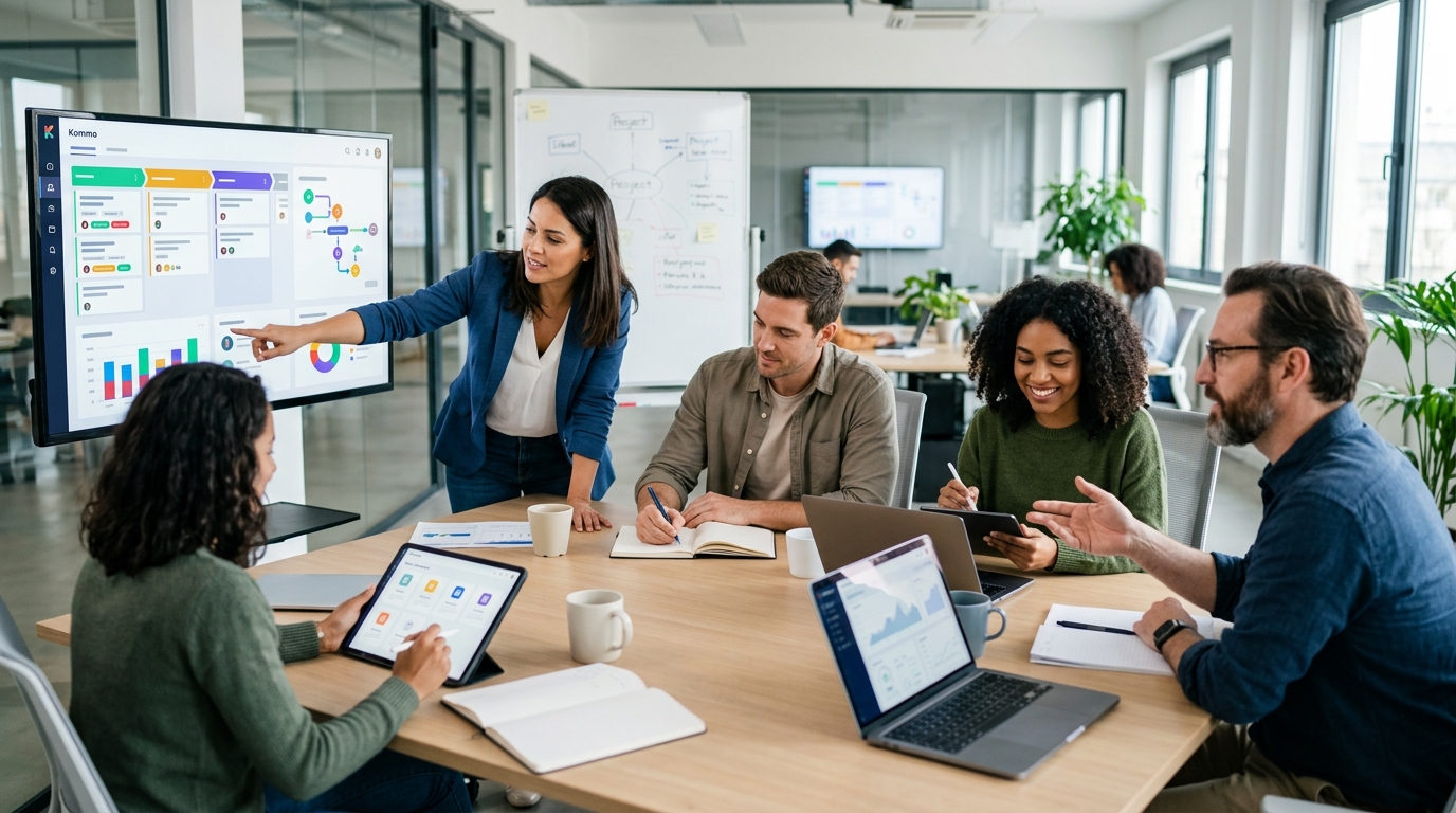 Ilustração: Gerenciamento de Projetos com Kommo: Da Prospecção à Entrega - Kommo CRM: Otimize Gerenciamento de Projetos e Vendas com Fluxos de Trabalho em Equipe